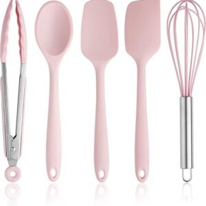 COOK WITH COLOR Silicone Cooking Utensils, 5 Pc Kitchen Utensil Set, Easy to Clean Silicone Kitchen Utensils, Cooking Utensils for Nonstick Cookware, Kitchen Gadgets Set (Pink with Stainless Steel)